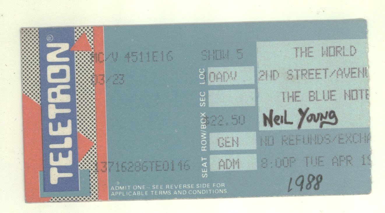 Neil Young 4/19/88 New York City NY The World Rare Ticket Stub!