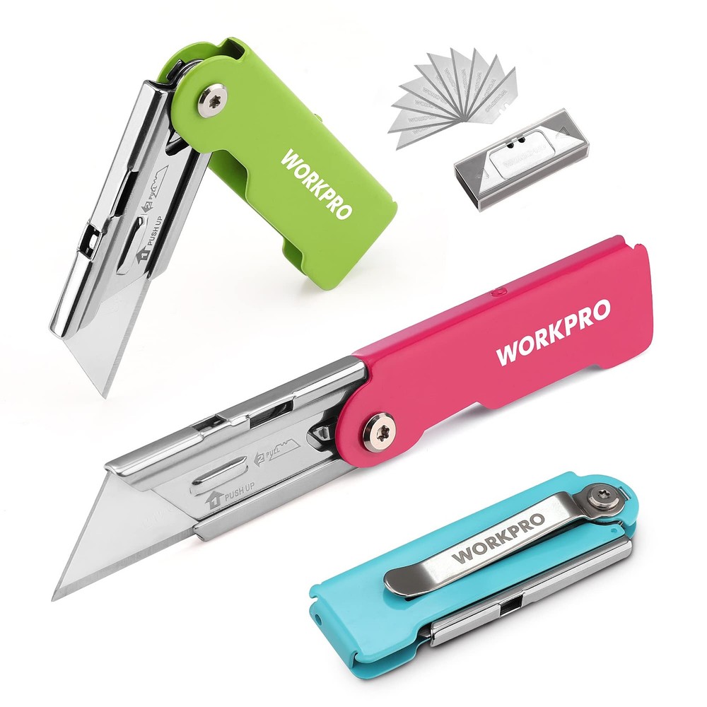 WORKPRO 3-Pack Folding Utility Knife Set, Quick Change Blade Box Cutter, Razo...
