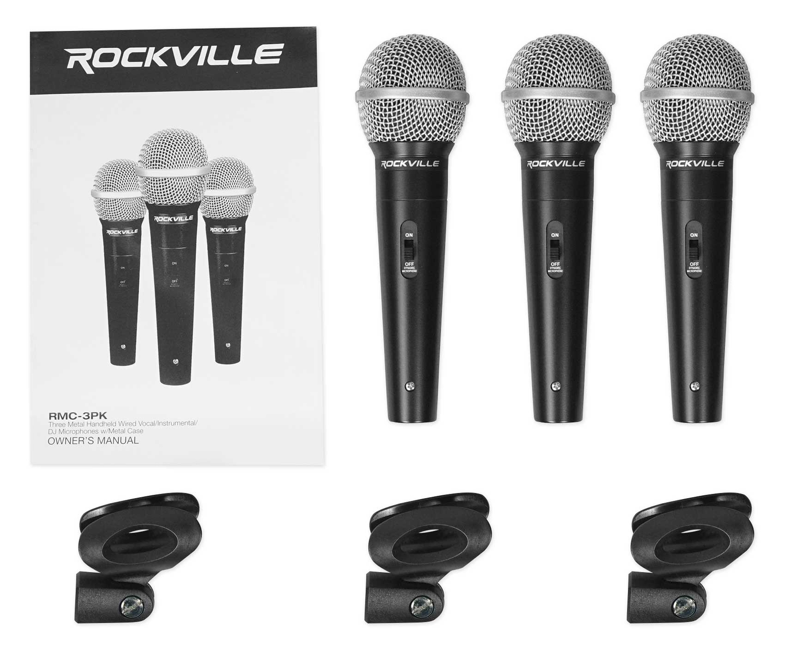 Rockville RMC-3PK 3 Pack Metal Wired Vocal/Instrument/DJ Microphones+Metal Case