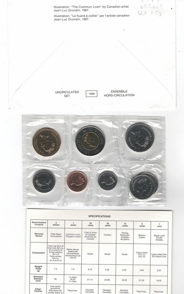 1998 Canada Double 25 Cents ERROR Proof Like Set - Royal canada Mint -