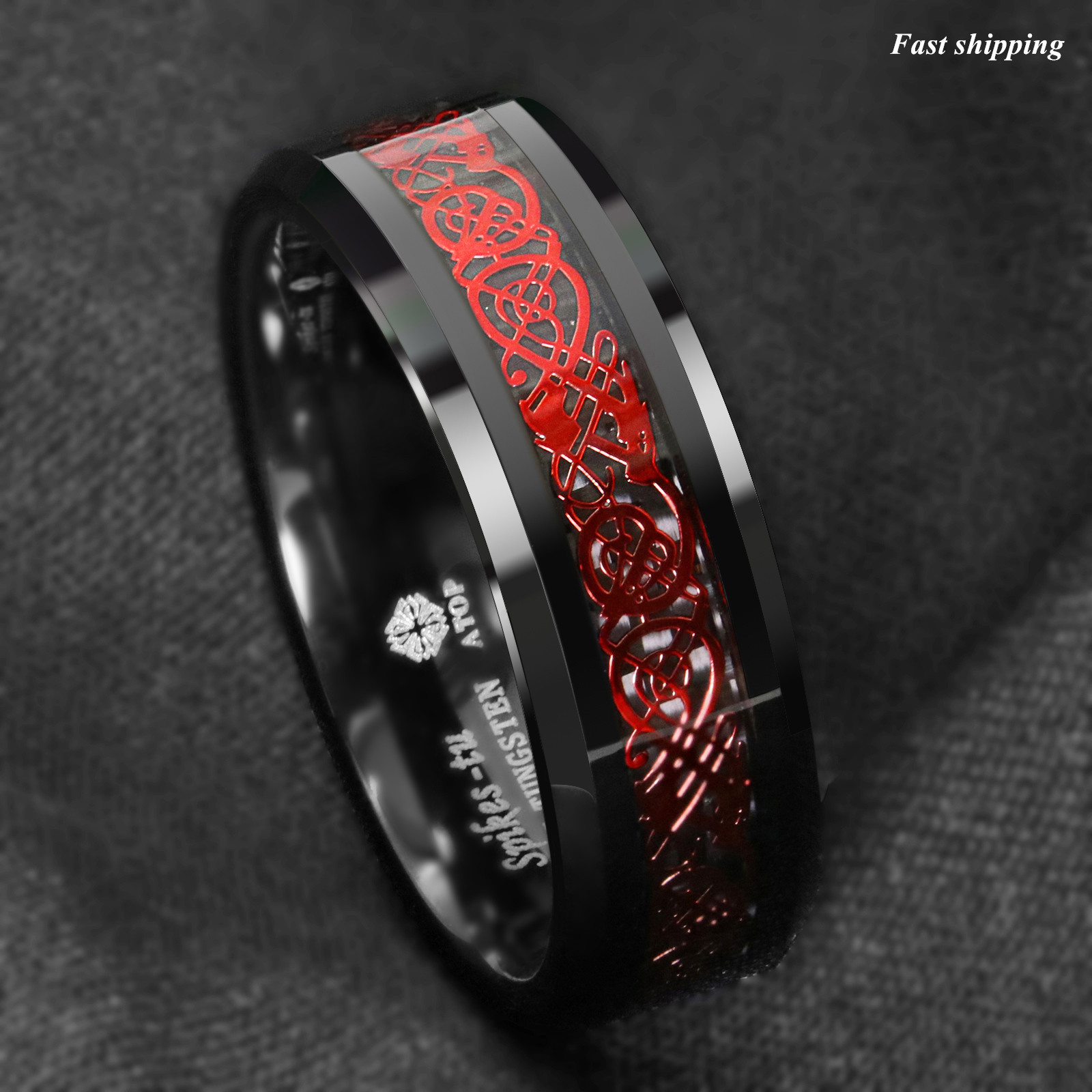 8/6mm Black Tungsten Ring Red Celtic Dragon Black carbon fiber Ring ATOP Jewelry