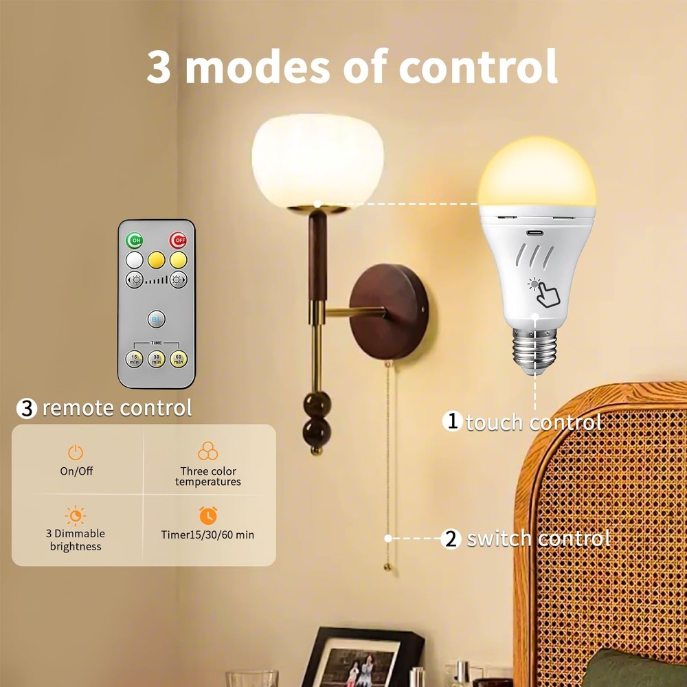 A19 Rechargeable Light Bulbs with Remote,USB & E26 Socket Dual Charging,3 Col...