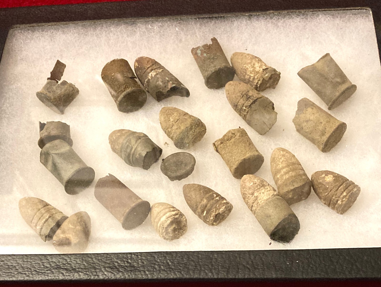 CIVIL WAR GLASS DISPLAY CASE WITH EXCAVATED BULLETS FROM OLD ESTATE