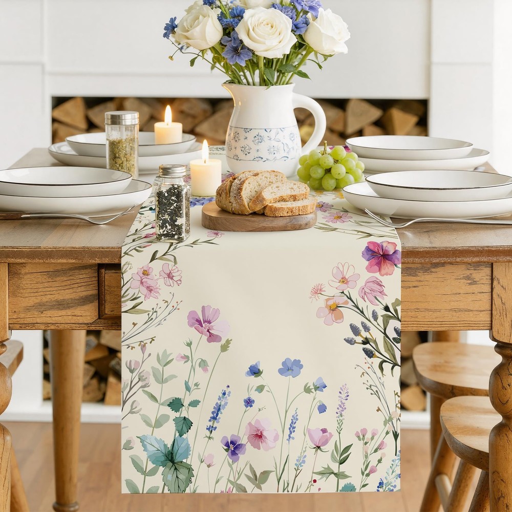 Spring Decorations - Daisy Eucalyptus Lavender Floral Leaves Summer Table Run...