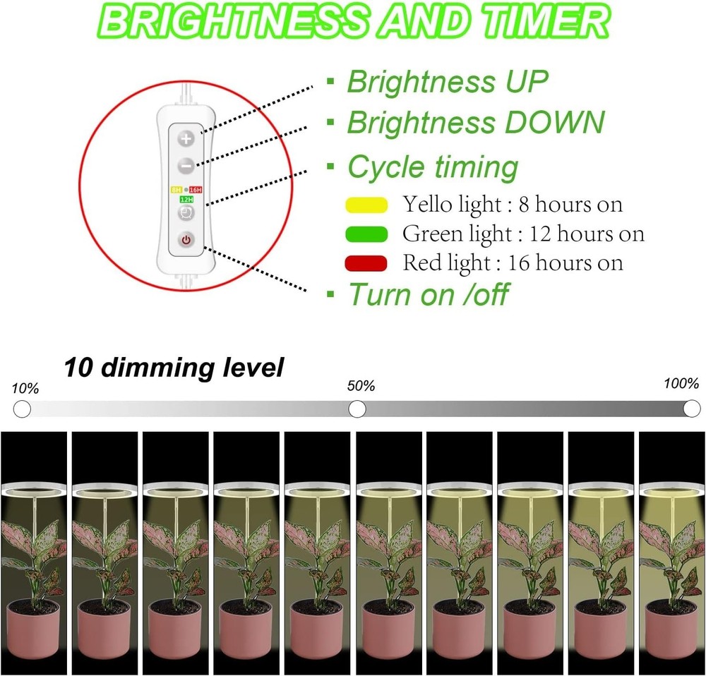 Height Adjustable Indoor Plant Grow Light with Timer - Dimmable LED 2 Pack