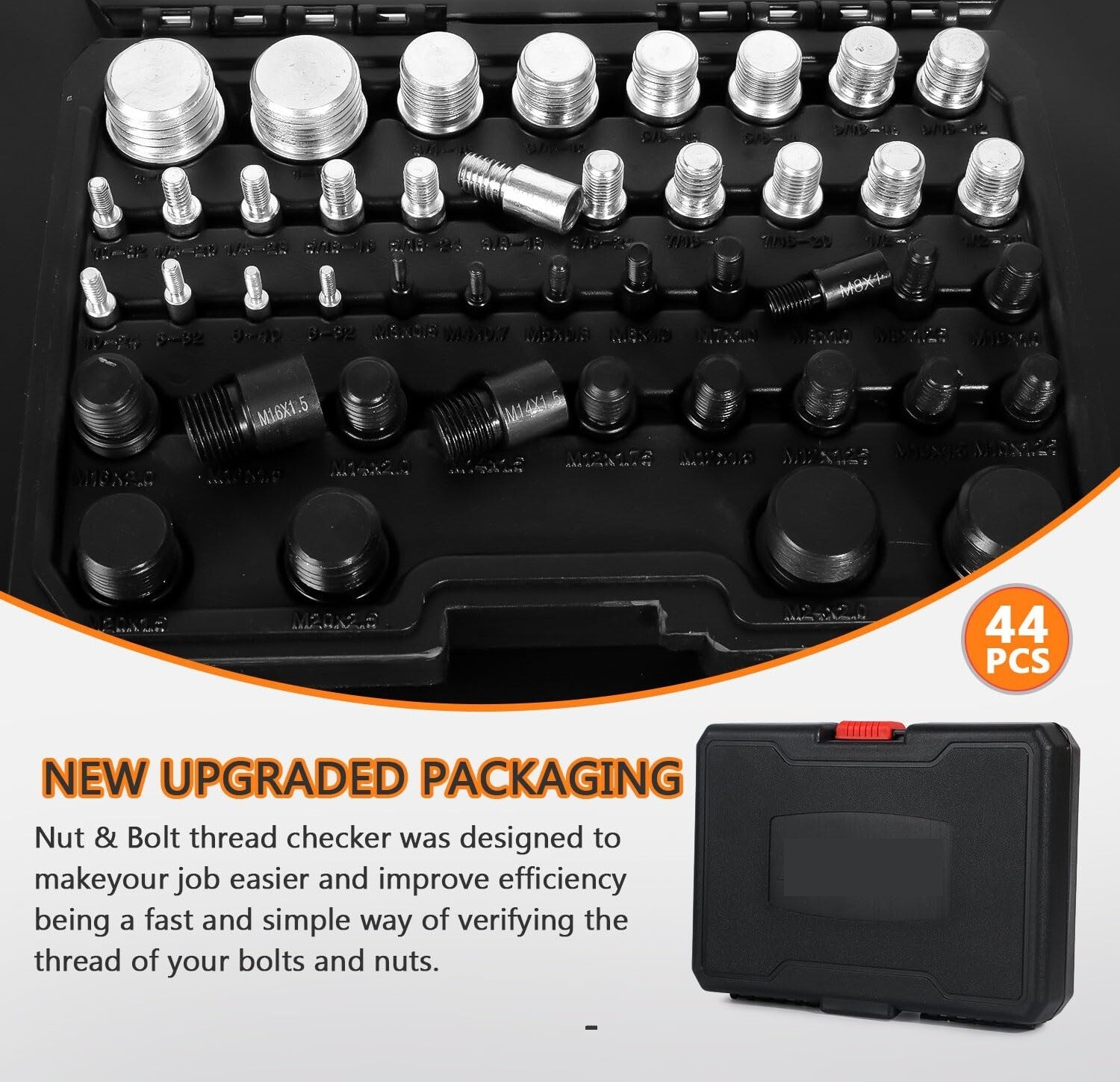 44PCS Inch & Metric Set Nut & Bolt Thread Checker Identifier Thread Gauges Box