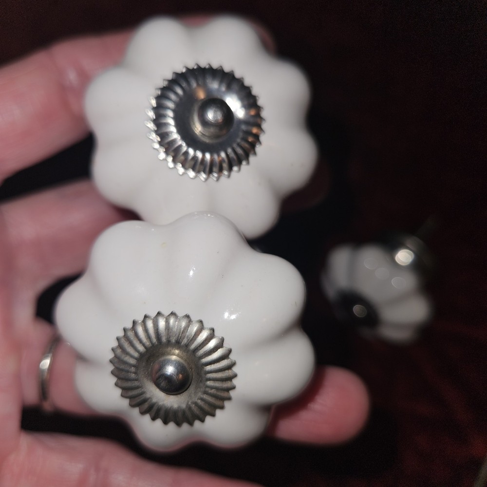 White Ceramic Porcelain Pumkin Style Knobs Pull Cabinet Drawer 1.75” Round