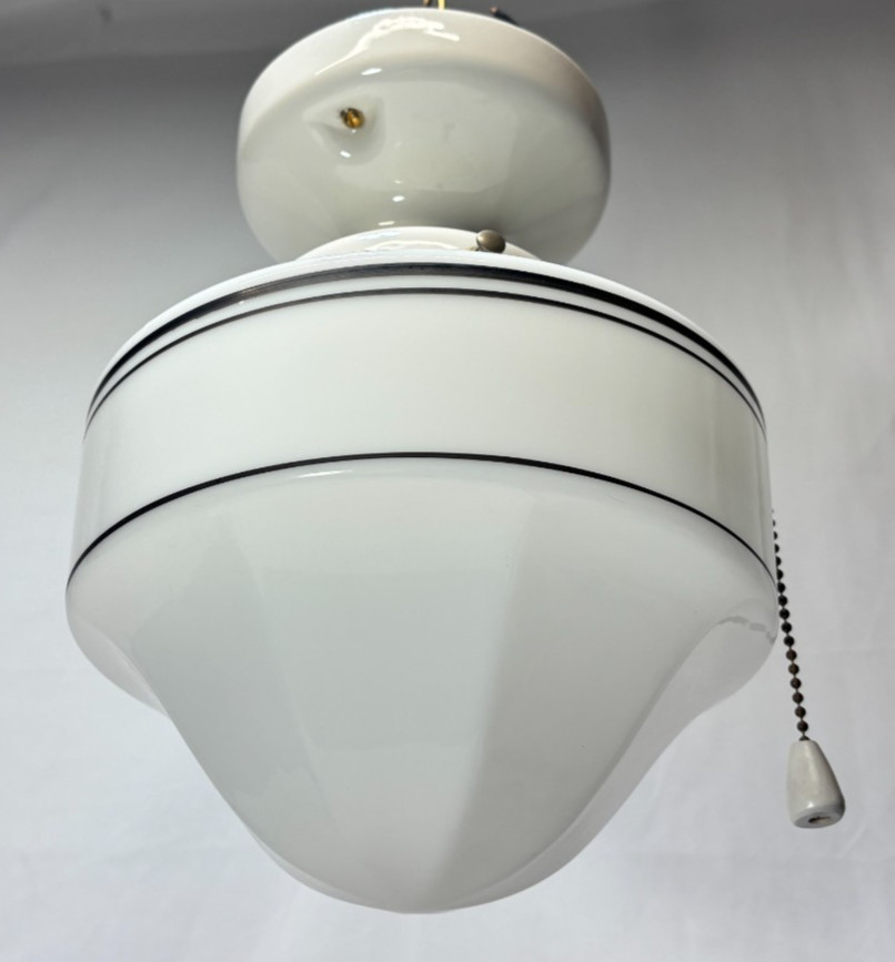 Vtg Porcelain Light Fixture Ceramic Ceiling Art Glass Shade Stripe USA #L99
