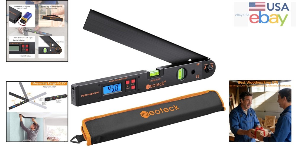 Backlit LCD Digital Protractor for Measuring Angles with Horizontal Bubble Level