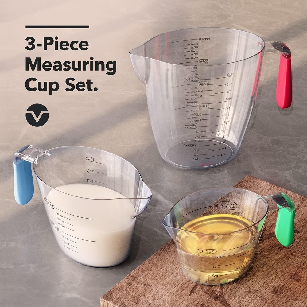 3 Piece Plastic Measuring Cups Set - BPA Free Liquid Nesting Stackable Measur...