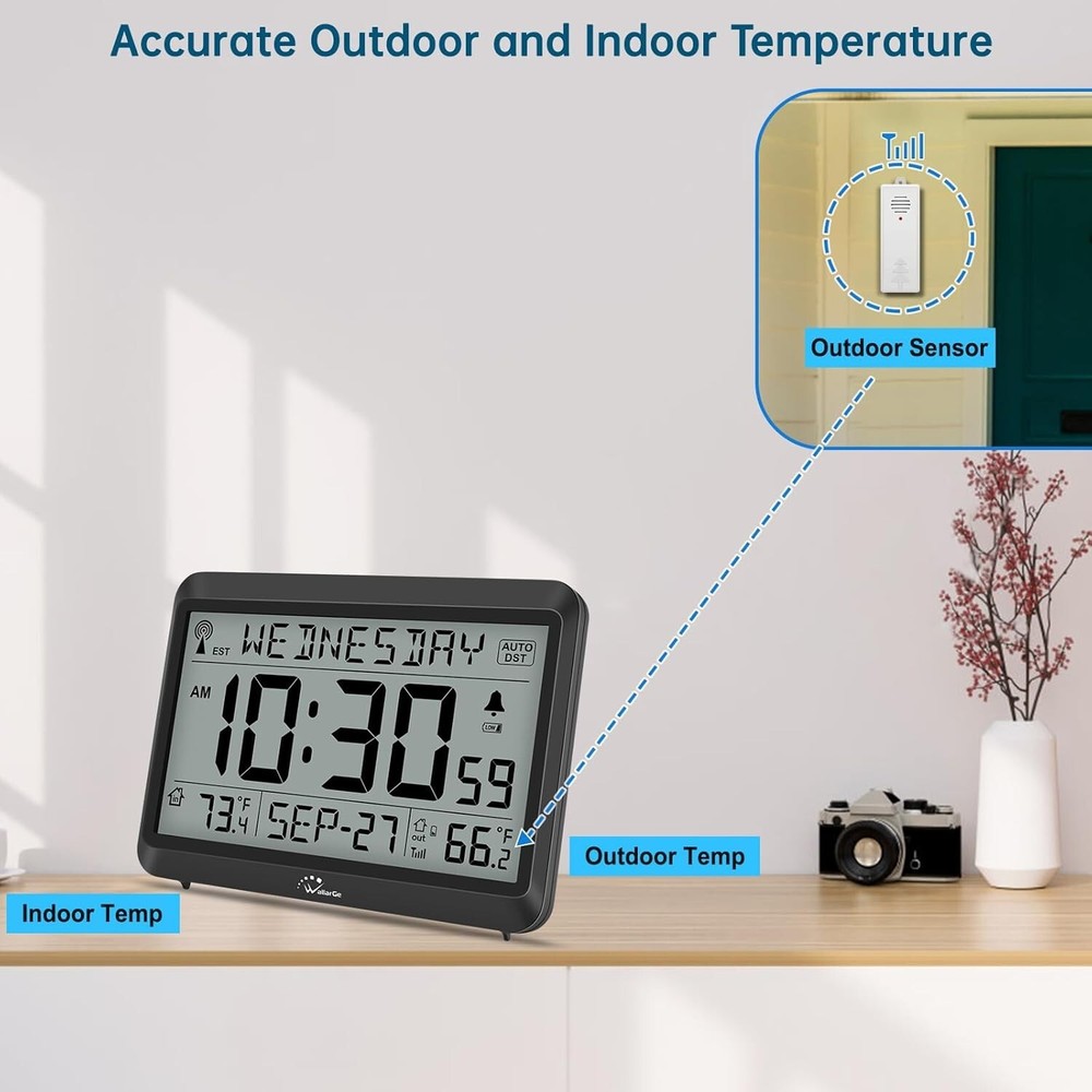 WallarGe Atomic Clock with Indoor Outdoor Temperature, Self-Setting Wall Clock
