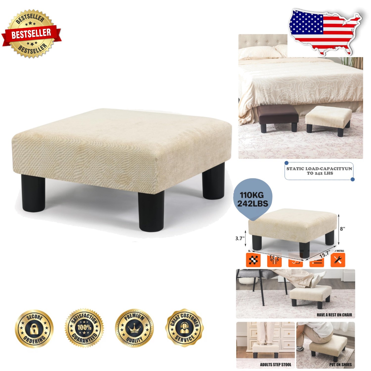 Compact Square Fabric Footstool Ottoman 15" Wheat Mid-Century Modern Desk Accent