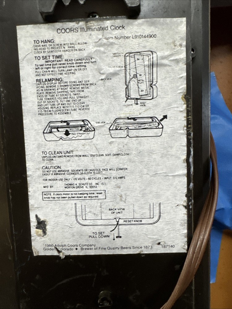 Coors - Lighted Clock - Light Untested (no bulb) / Panel Missing / Clock Stuck