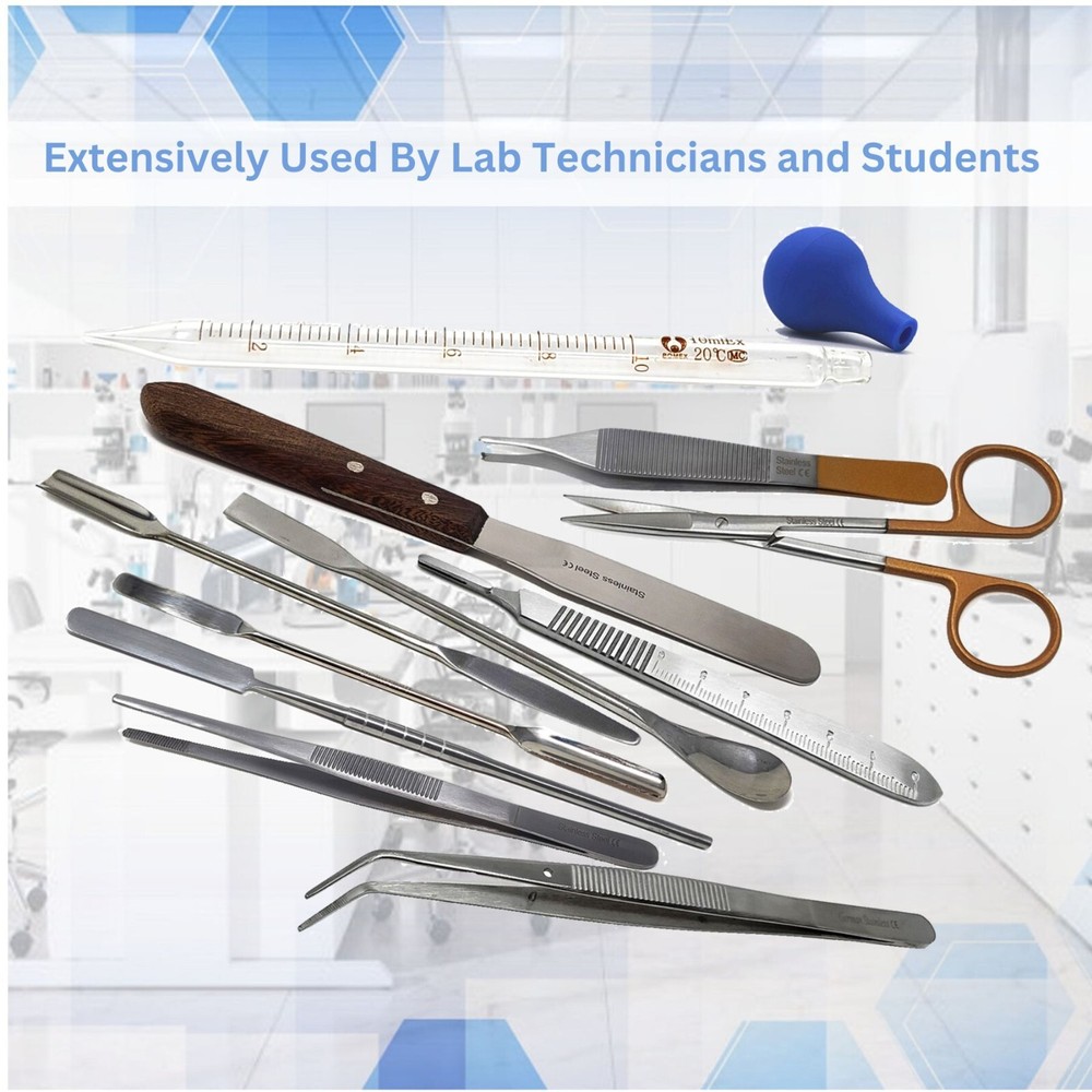 11 Pcs Science Lab Spatula Tweezer Dissecting Scissors Pipette Sampler Set