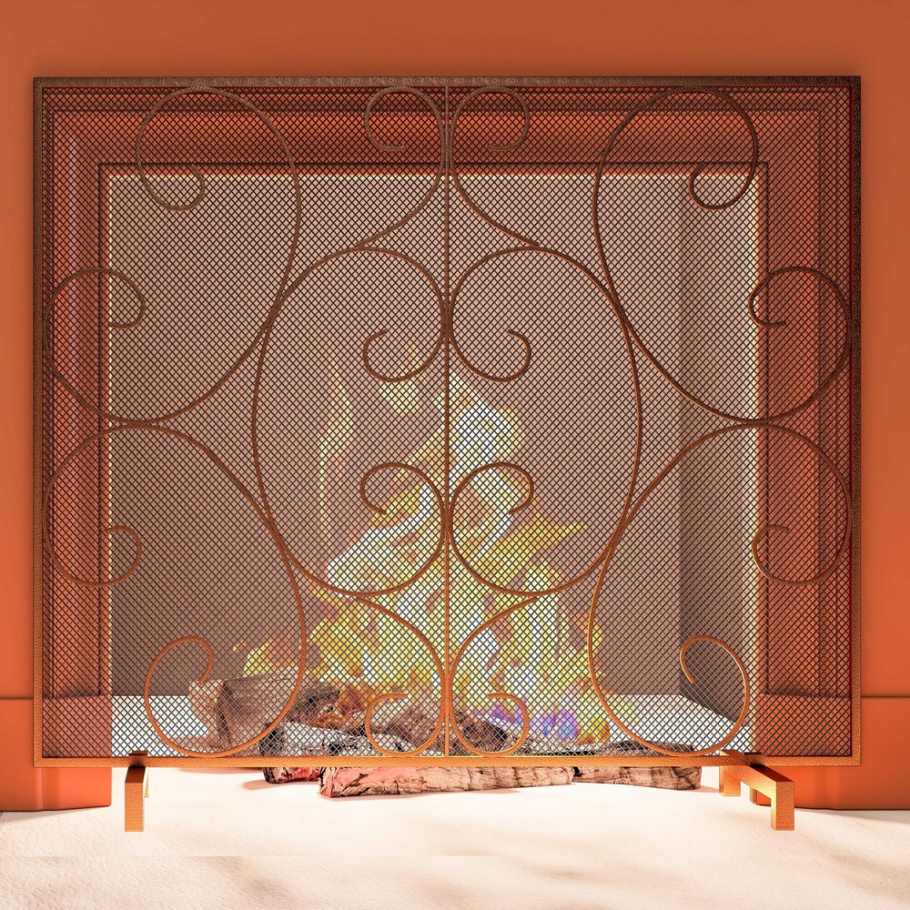 Single Panel Decorative Flat Fireplace Screen Stand Alone Cover Handcrafted D...