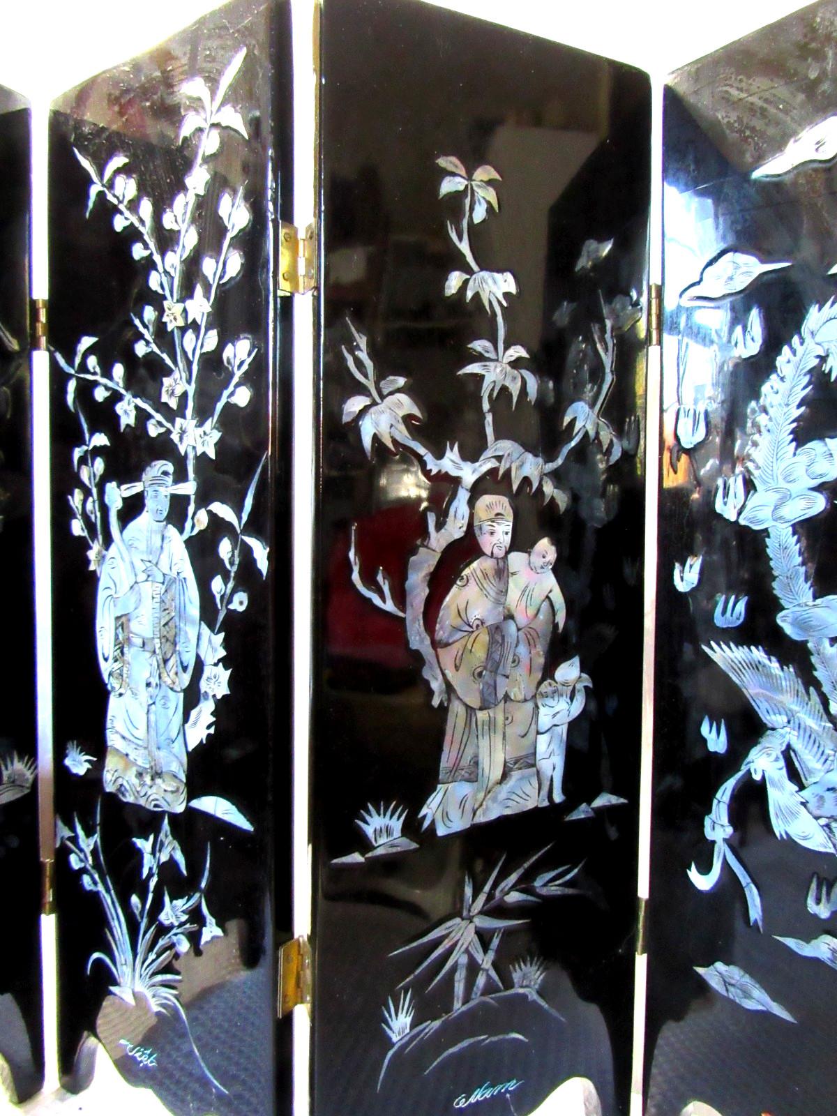 Asian 6 Panel 2 Side Lacquer Wood MOP Abalone Gold Fish Screen Divider 14"x28"