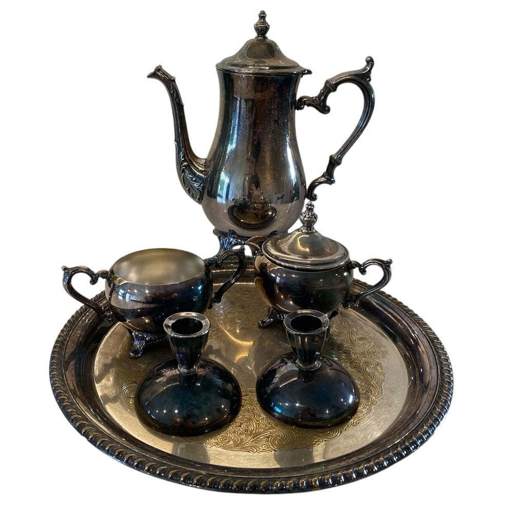 WM Rogers 800 Silverplate Tea Pot Set Platter Candlestick Holders Oneida 1930's