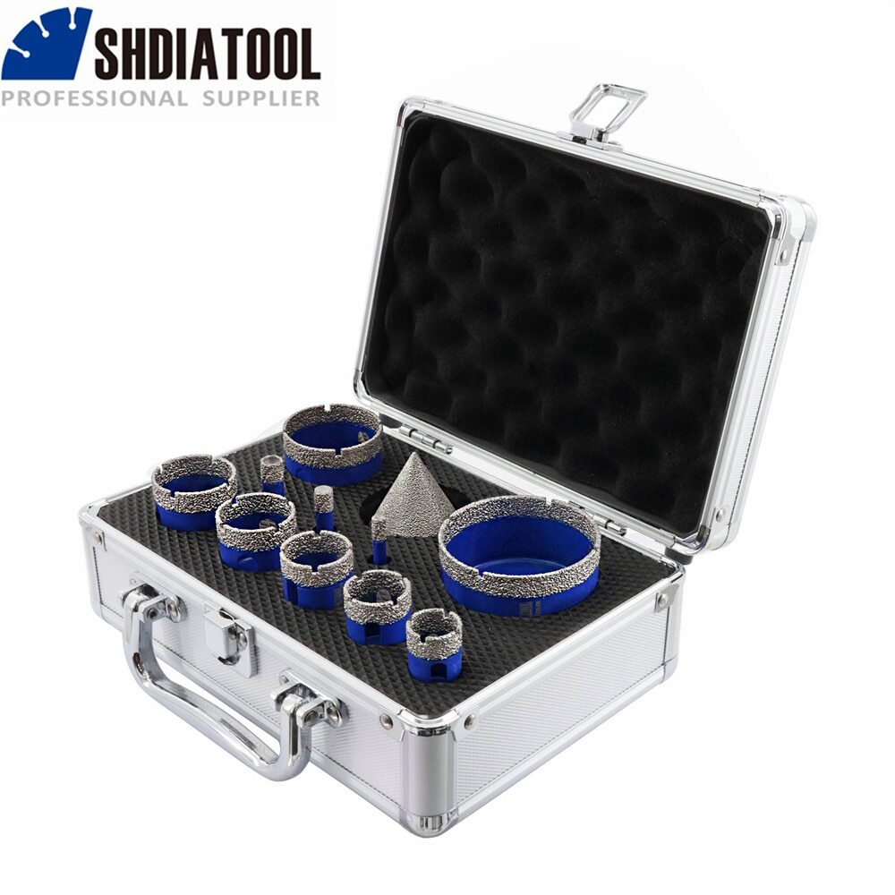 11pcs Diamond Drilling Bits Kit Triangle Shank Drill Crowns+50mm Chamfer Taper