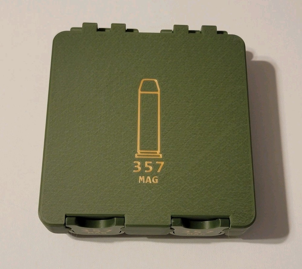 357 Mag Ammo Box Snap Lock 100 rd 3D Printed Large Storage Olive Green Gold Pla