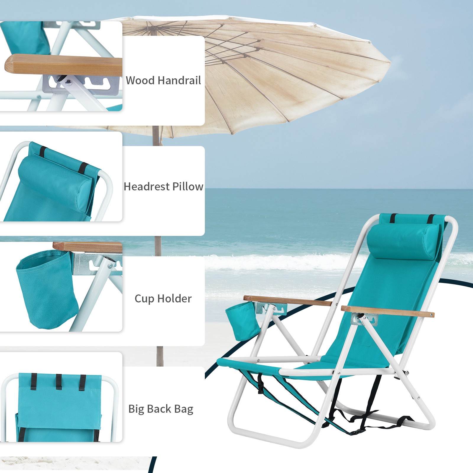 Set of 2 Folding Beach Lounge Chair Backpack Camping Chair Cup Holder Pillows
