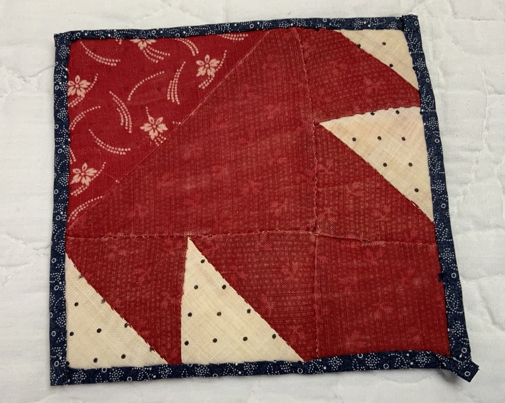 Antique Patchwork Quilt Table Topper, Early Calicos, Triangles, T’s, Red