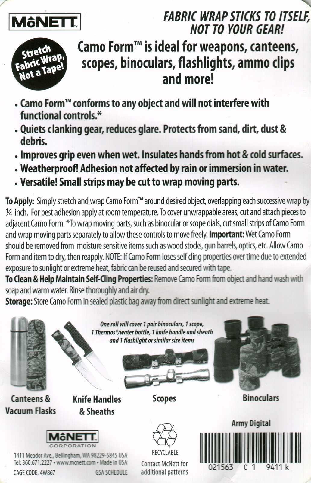 MCNETT CAMO~FORM PROTECTIVE SELF-CLING CAMOUFLAGE WRAP FOR SCOPES GUNS NIP