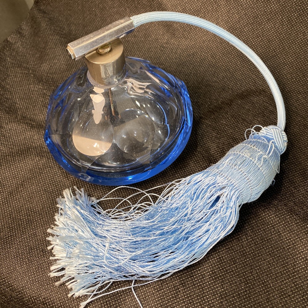 Vintage “Pulled Feather”  Blue Tassel Style Atomizer Blue Cut Perfume Bottle Exc