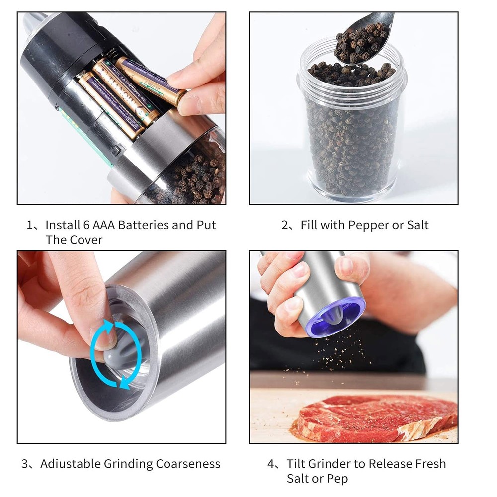 Gravity Electric Salt Pepper Mill Grinder Adjustable Coarseness Sensor LED Light
