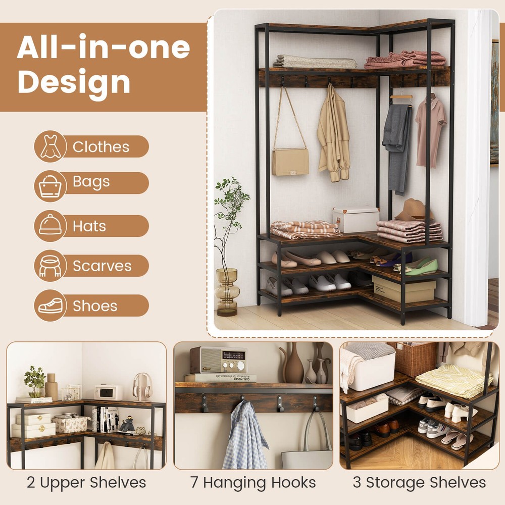 Corner Garment Rack w/ Open Shelves & 7 Hooks Shoe Bench Solid Metal Frame