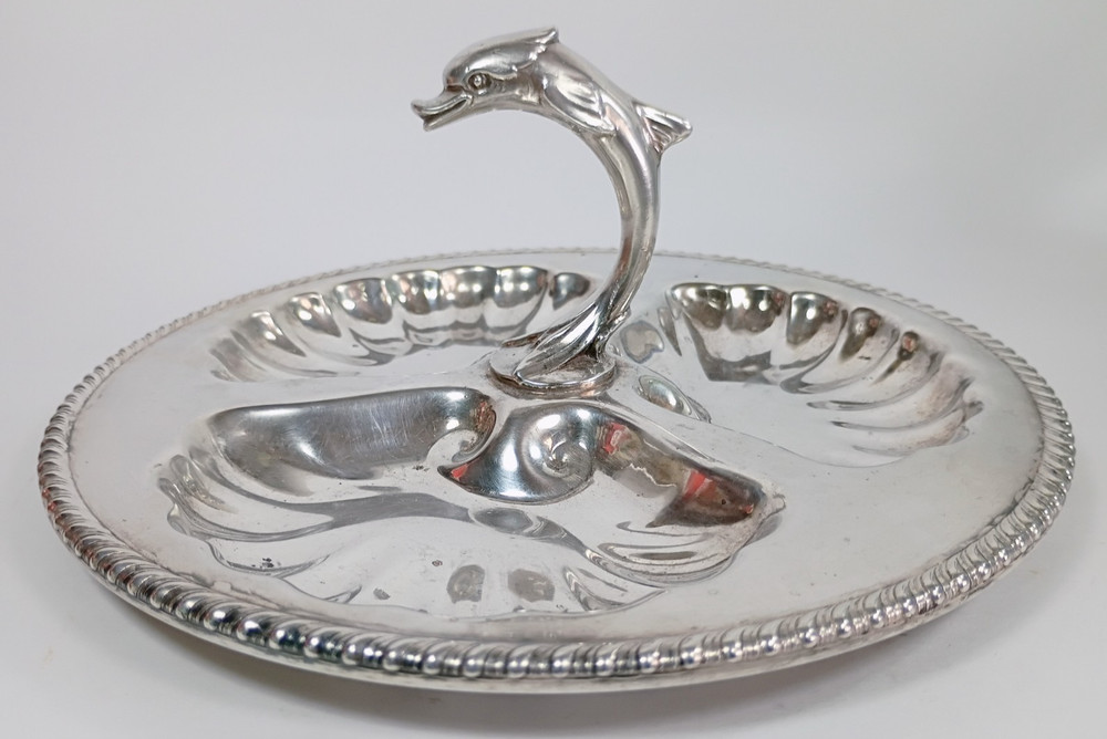 Vintage Canterbury Silverplate Tray Dolphin Motif Handle Three Sections 8 3/4"