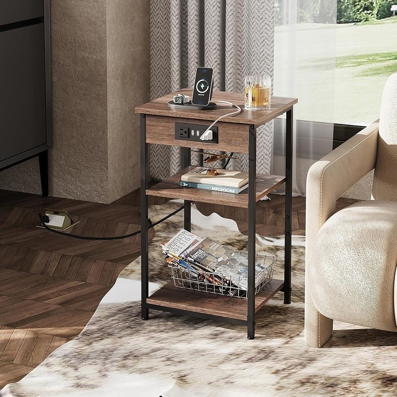 3-Tier Side Table W/ USB & AC Outlets Adjustable Shelf Ideal Small Spaces