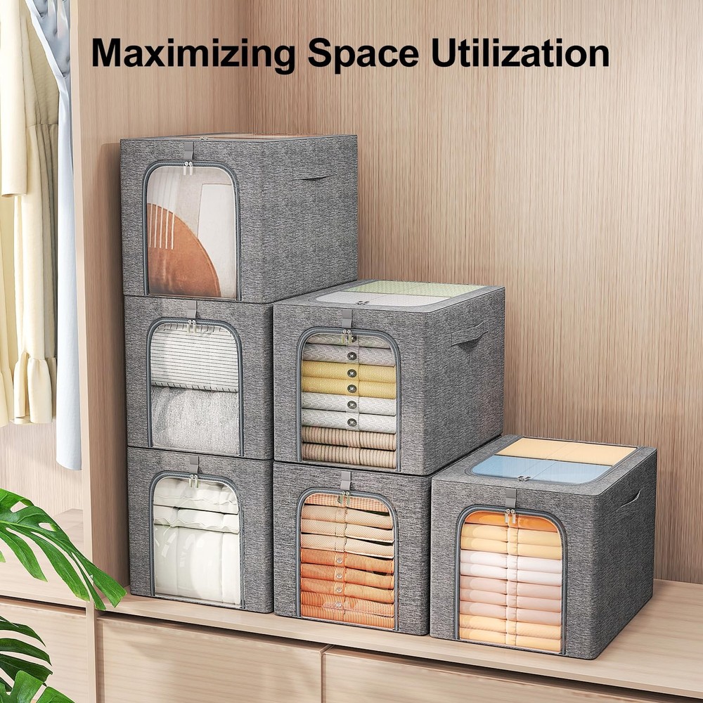 GoMaihe Clothes Storage Bin with Metal Frame: 6-Pack Stackable Closet 40L, 6