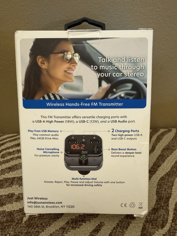 Just Wireless Bluetooth FM Transmitter USB-C/USB-A/Charging Port (0888) R5P1