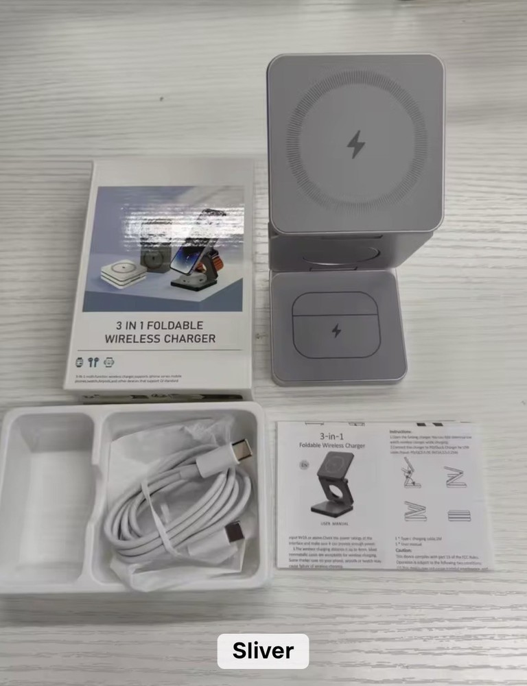 3 in 1 Silver Magnetic Foldable Wireless Fast Charging Stand for iPhone/Samsung