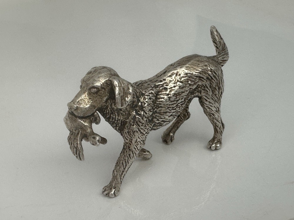 Vintage Solid Silver Miniature Retriever With Duck c.1979