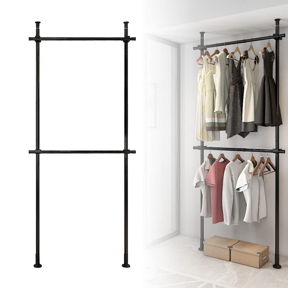 2 Tier Clothes Storage Hanger Organizer Ceiling Top & Floor Metal Closet Garm...