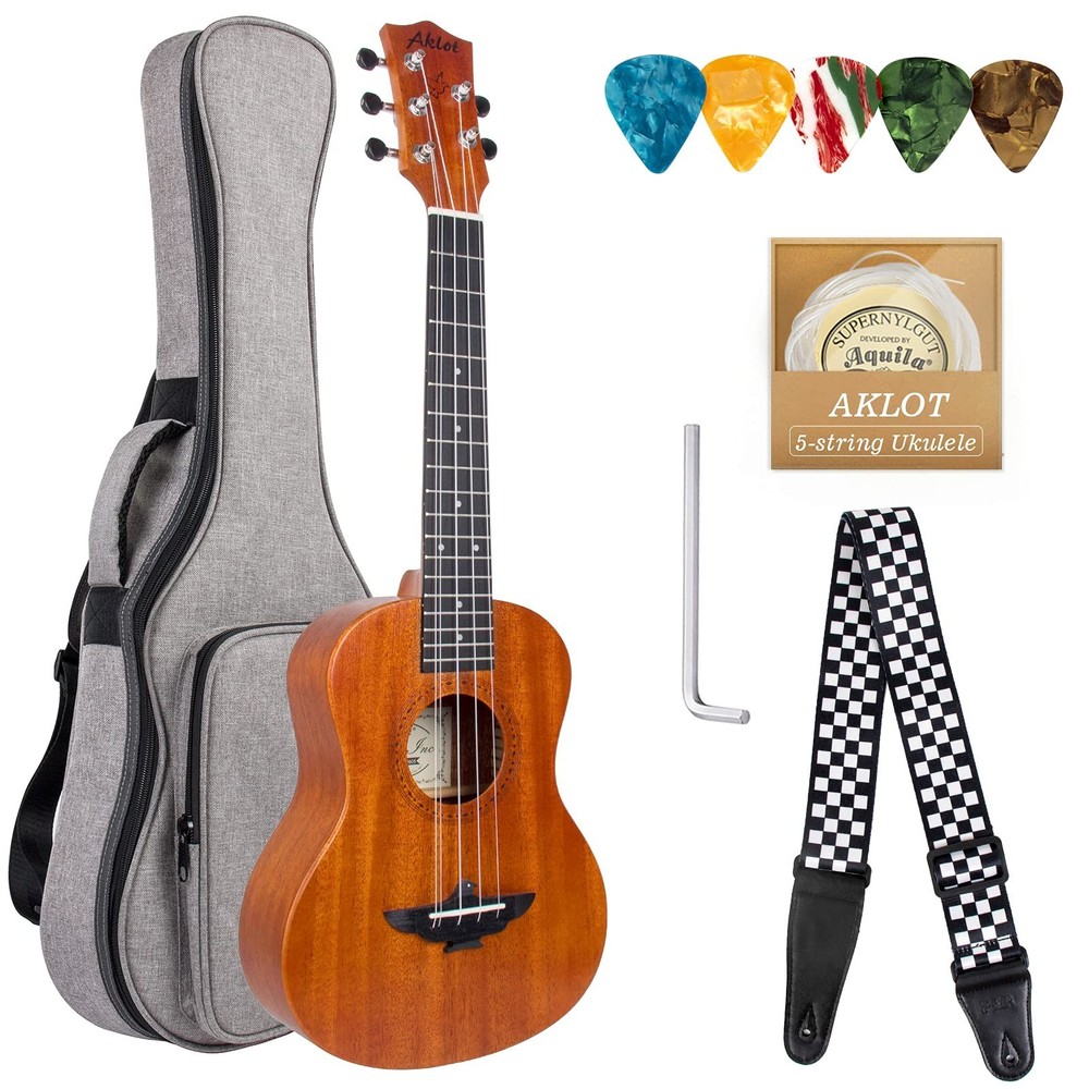 Solid Mahogany Ukulele 26 Inch - Acoustic 5 String for Beginners & Pros
