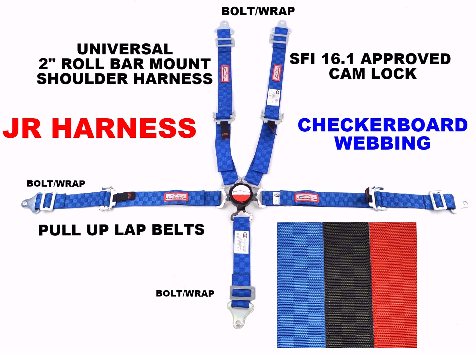 QUARTER MIDGET HARNESS 2" SFI 16.1 PULL UP LAP BELT CAM LOCK BLUE CHECKERBOARD