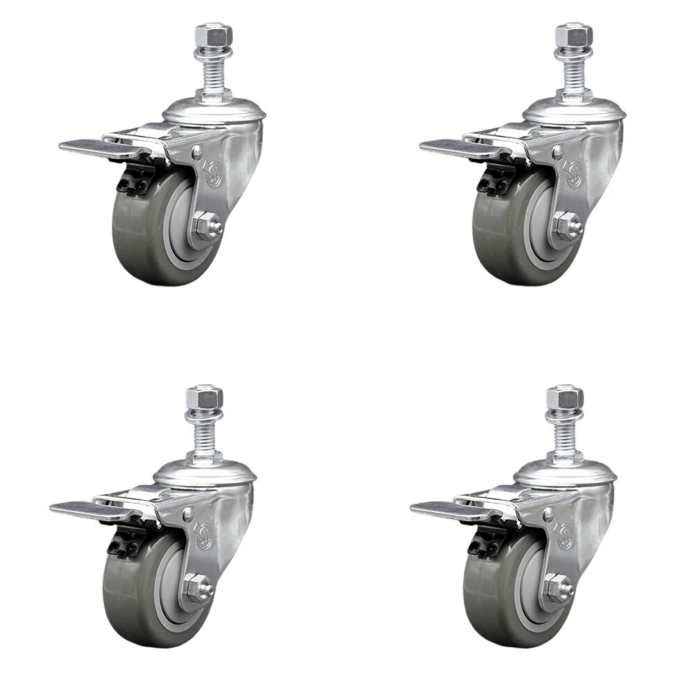 3.5 Inch SS Gray Polyurethane ½ Inch Threaded Stem Caster Set Total Lock Brake