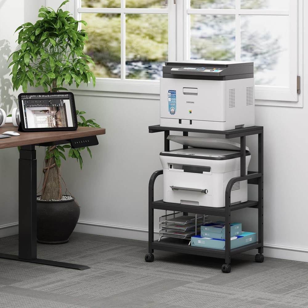 Printer Stand, 3 Tier Printer Table with Height Adjustable Storage Shelf, Rol...