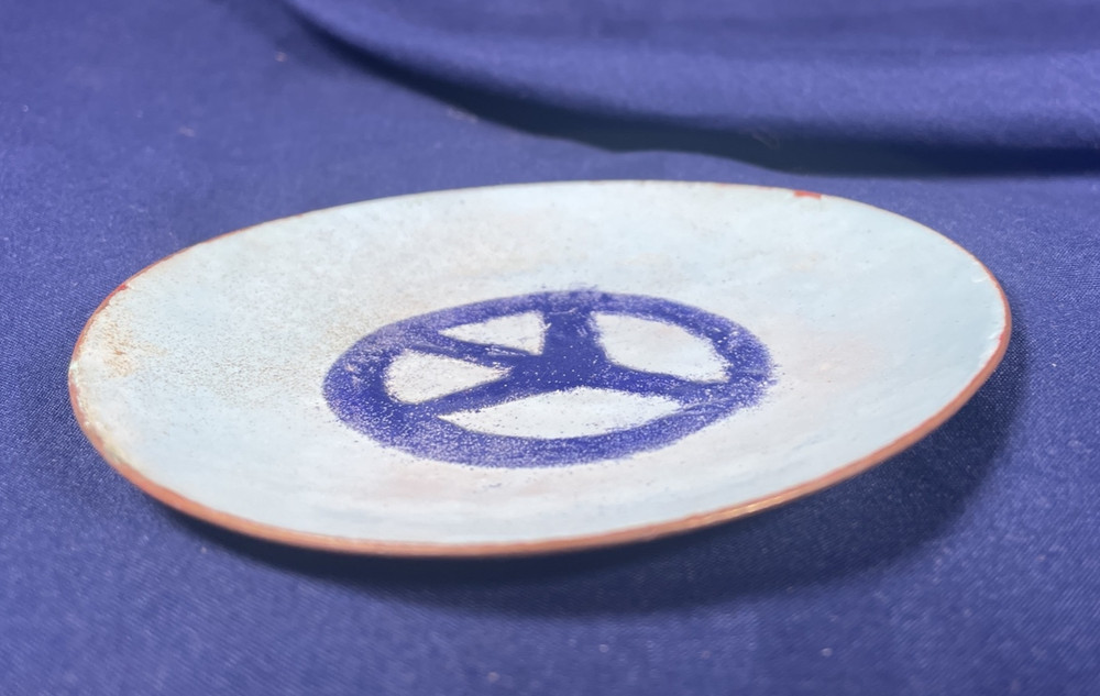 Blue Enamel Over Copper Peace Sign Dish Signed