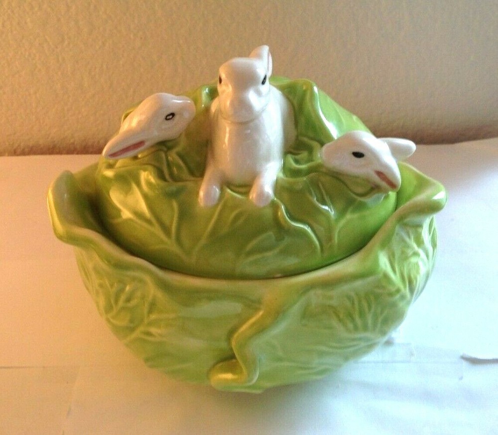 Vintage Bunny Rabbits Inside Green Cabbage Serving Dish