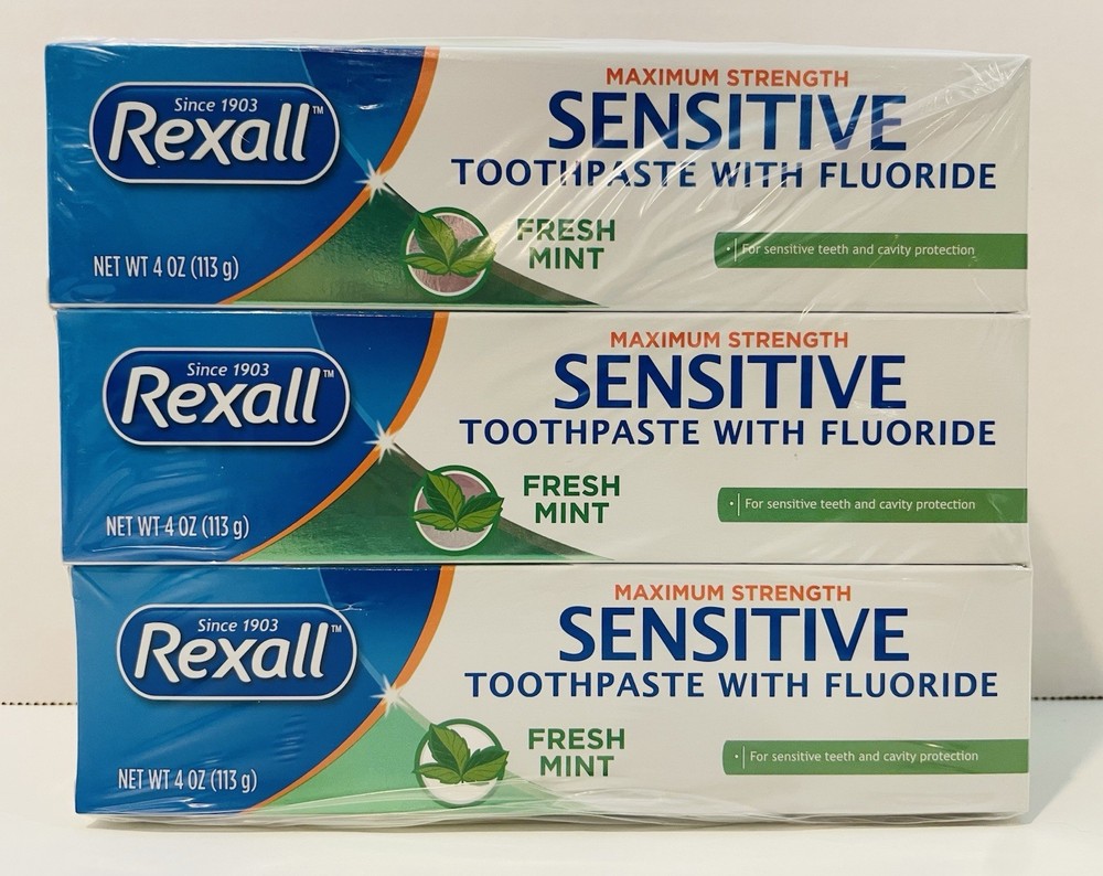 3-Pack Rexall Maximum Strength Sensitive Toothpaste w/Fluoride, Fresh Mint, 4 Oz