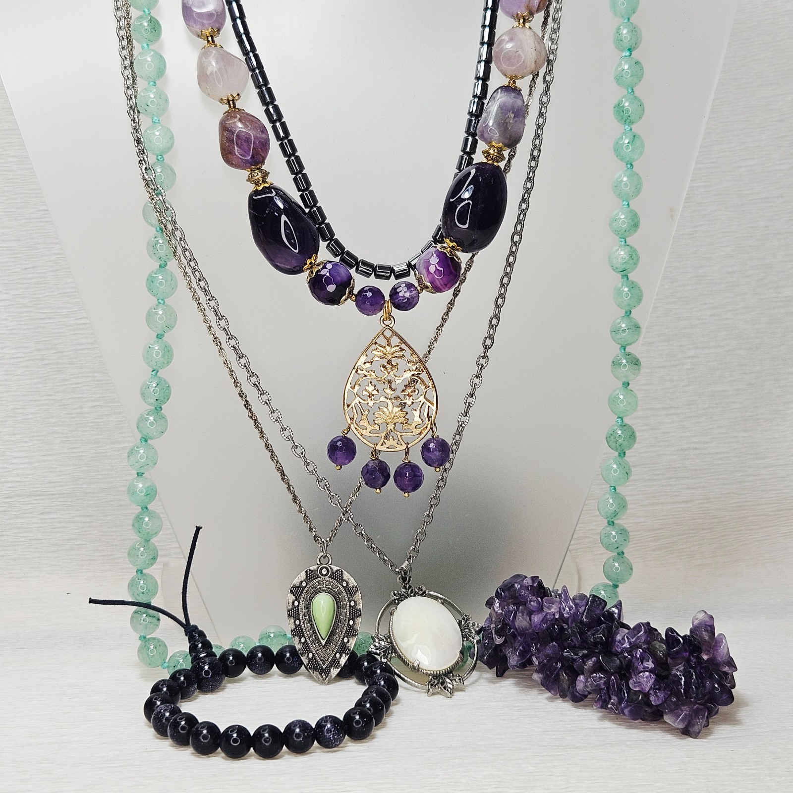 5 Gemstone Necklaces 2 Bracelets Amethyst Adventurine Hematite Blue Goldstone