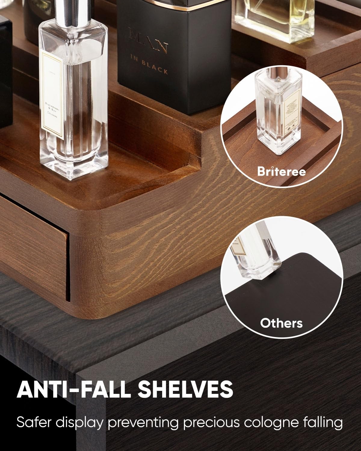 Cologne Organizer 3 Tier Wooden Stand W/ Drawer Storage Hidden Compartment Brown