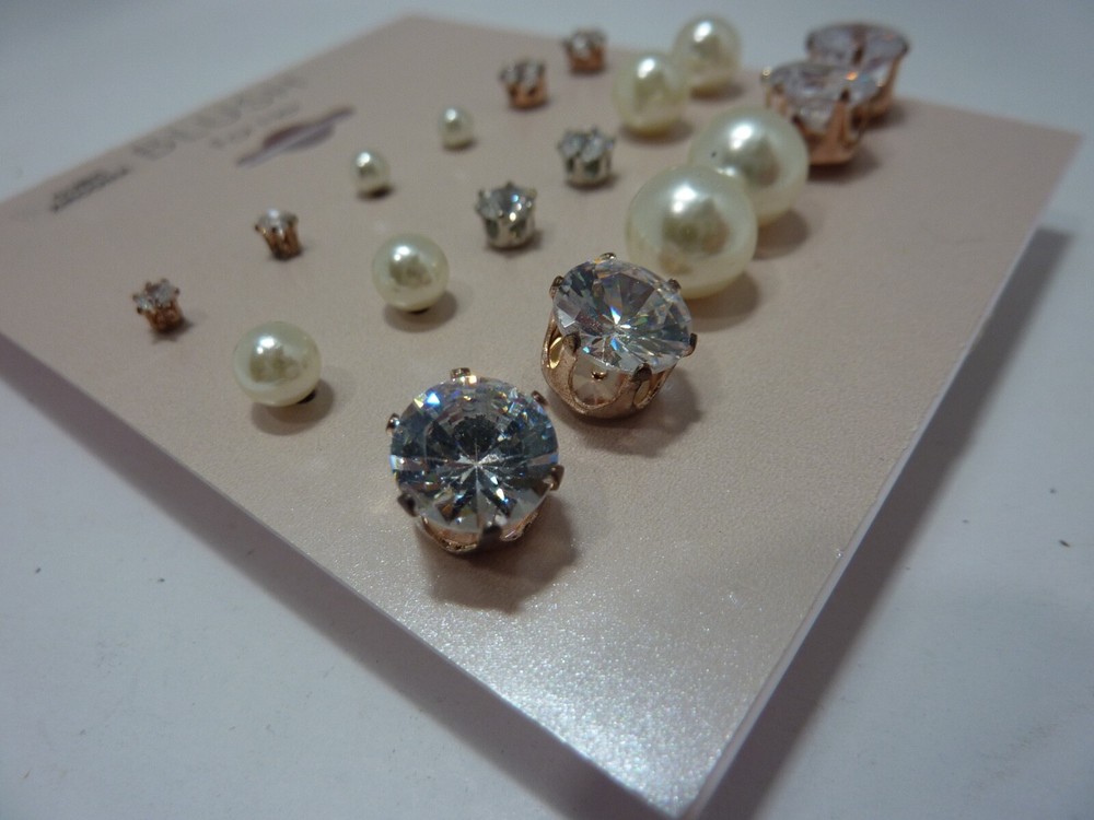 NEW BLUSH CUBIC ZIRCONIA 9 PC SET STUD POST EARRINGS