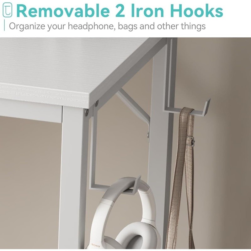 Compact Multifunctional Computer Desk Small Writing Desk W/ Storage Bag Hooks US