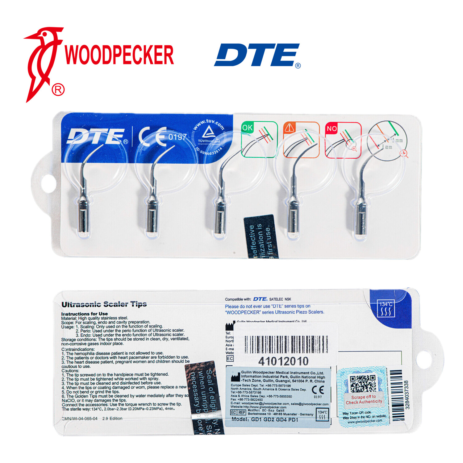 5/pk Dental Ultrasonic Piezo Scaler Tips Kit GD1 GD2 GD4 PD1 Fit DTE NSK Satalec