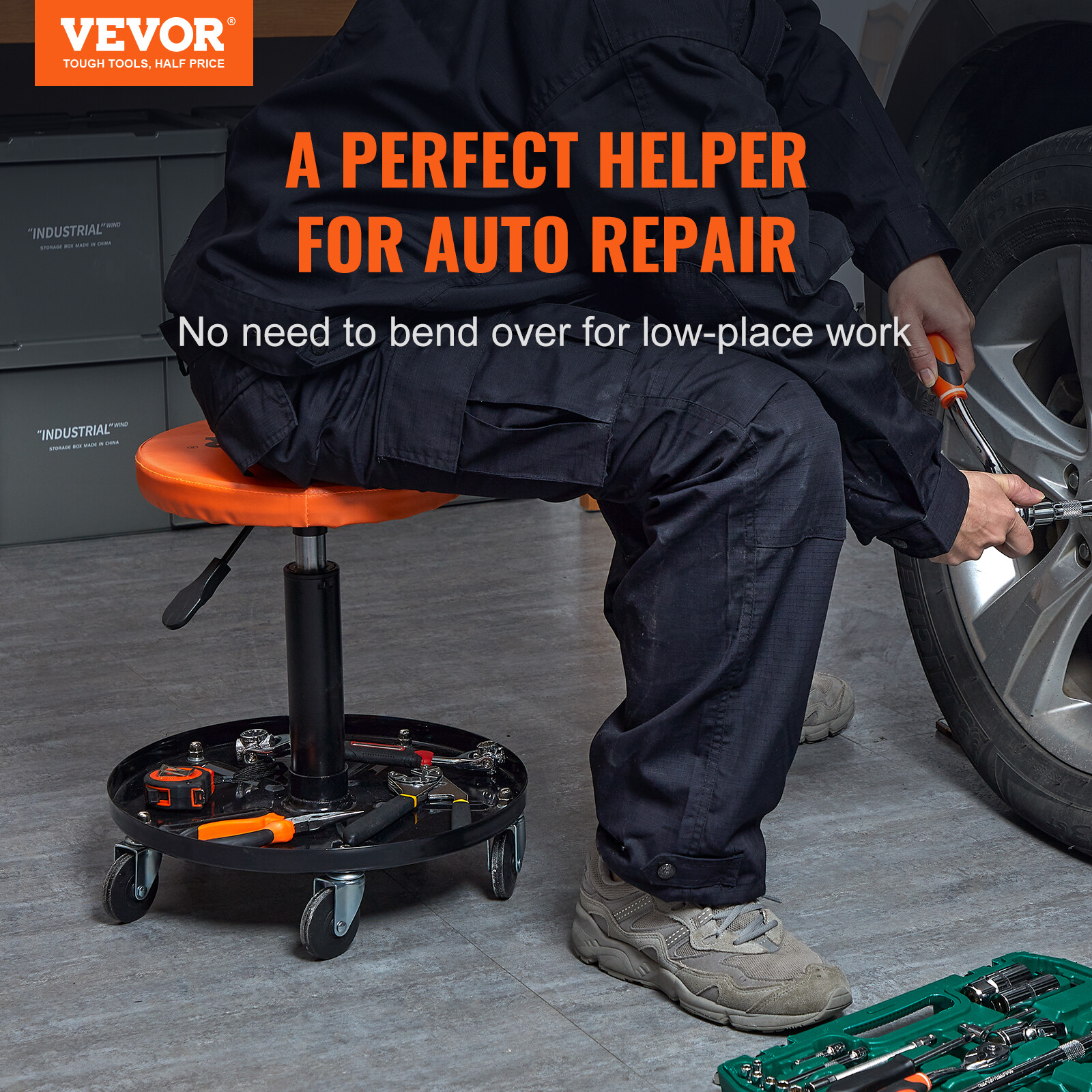 VEVOR Adjustable Mechanics Rolling Creeper Seat Stool Tool Tray for Shop Garage