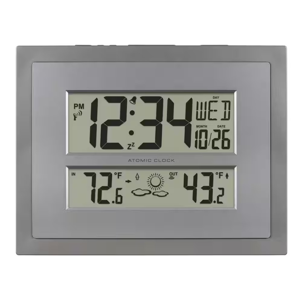 Atomic Digital Clock with Temperature and Forecast in Gray/Silver